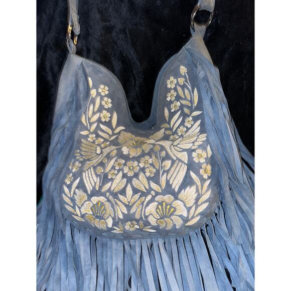JODILEE AUSTRALIA "HEAVENLY" BLUE SUEDE FRINGED EMBROIDERED BOHO BAG - Picture 2 of 11